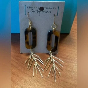 Jennifer Thames Brown Tortoise Shell and Brass Leaf Earrings